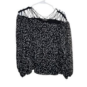 Express Blouse Women's Small Black Floral Strappy 3/4 Sleeve Sheer Printed Top